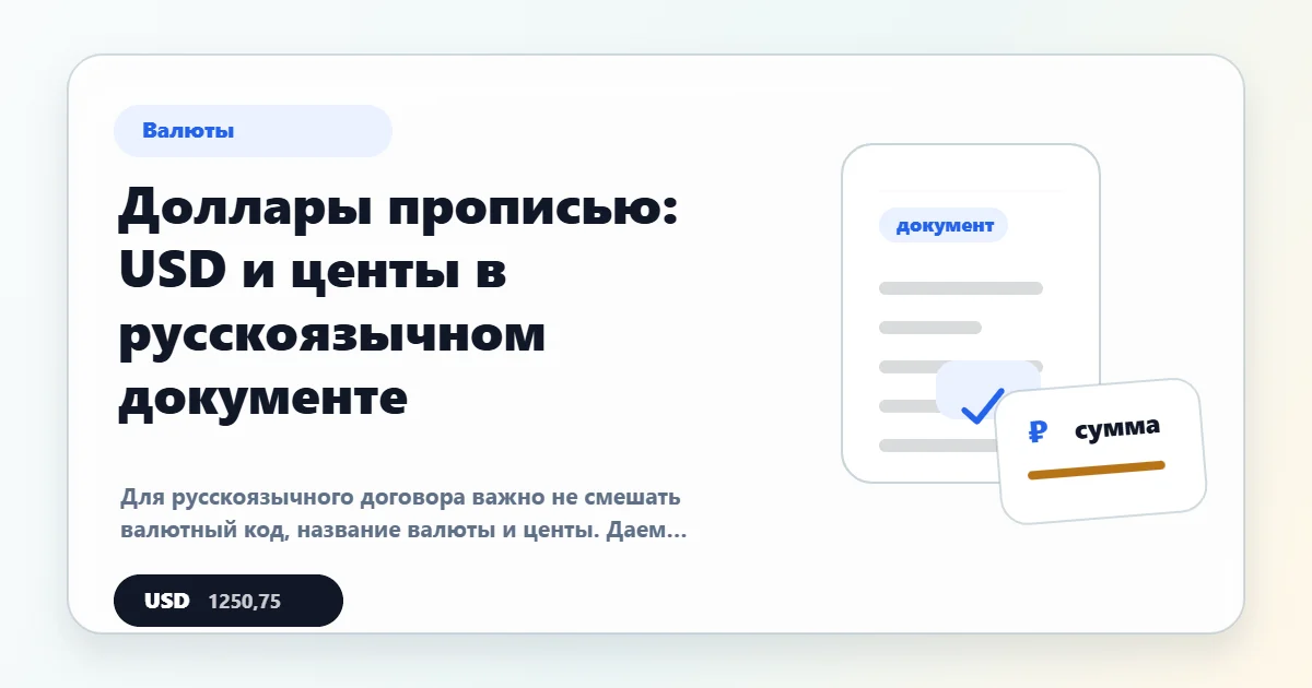 Доллары прописью: USD, центы и пример строки