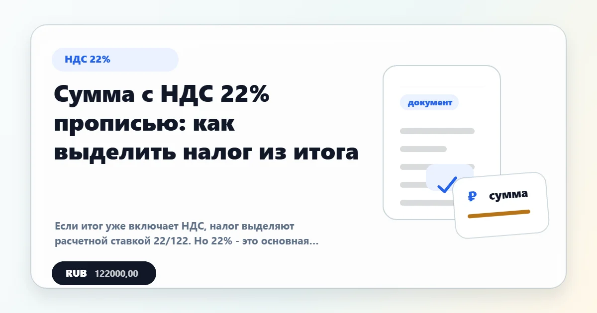 Сумма прописью с НДС 22%: формула 22/122 и пример строки