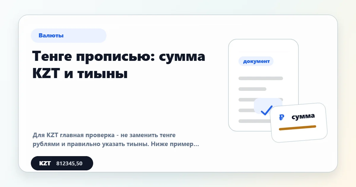 Тенге прописью: KZT и тиыны в документе