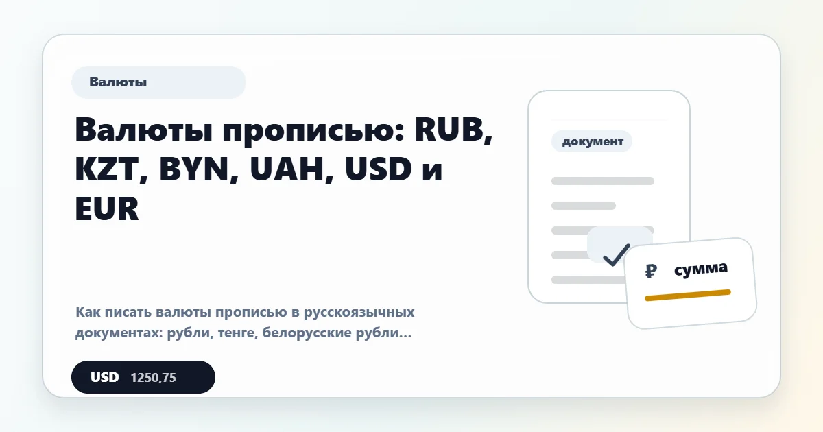 Валюты прописью: RUB, KZT, BYN, UAH, USD и EUR
